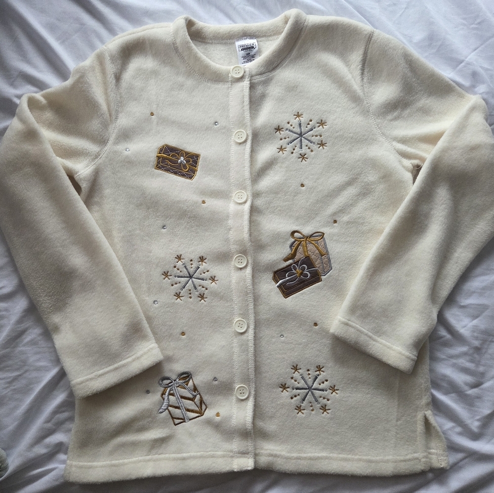 Fleece Cardigan with Festive Silver And Gold Embroidery